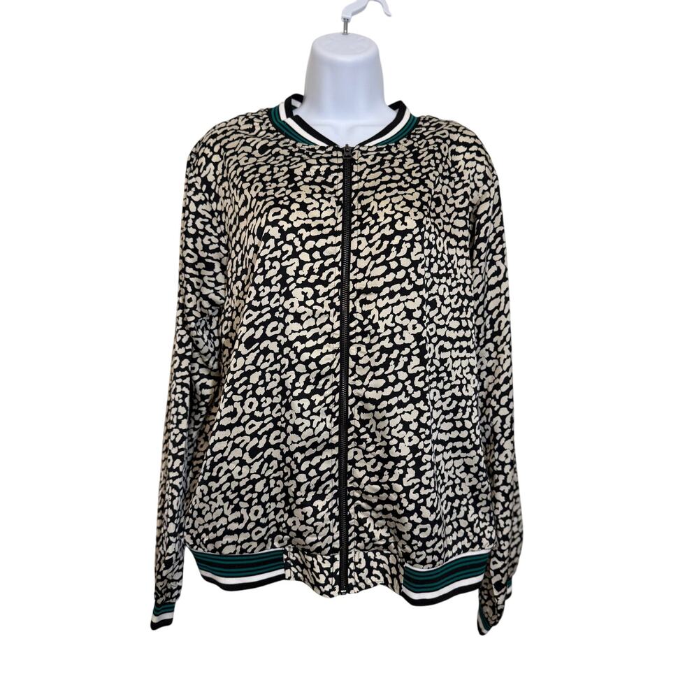 Kori Black Leopard Bomber Jacket S Animal Print Green Trim Streetwear Y2K Trendy